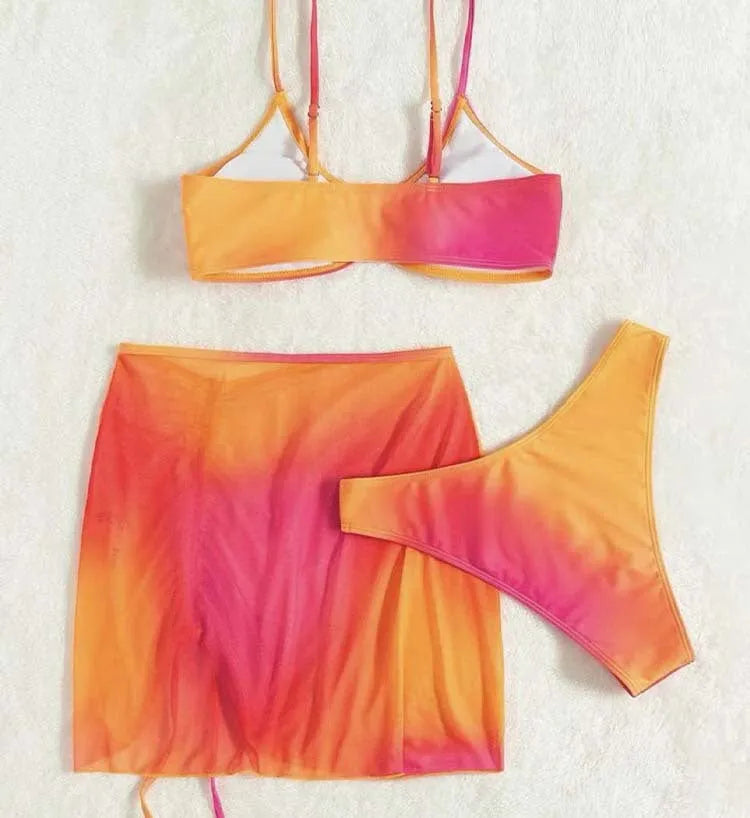 Women's orange and purple gradient print three-piece swimsuit with loop buckle hollow suspenders