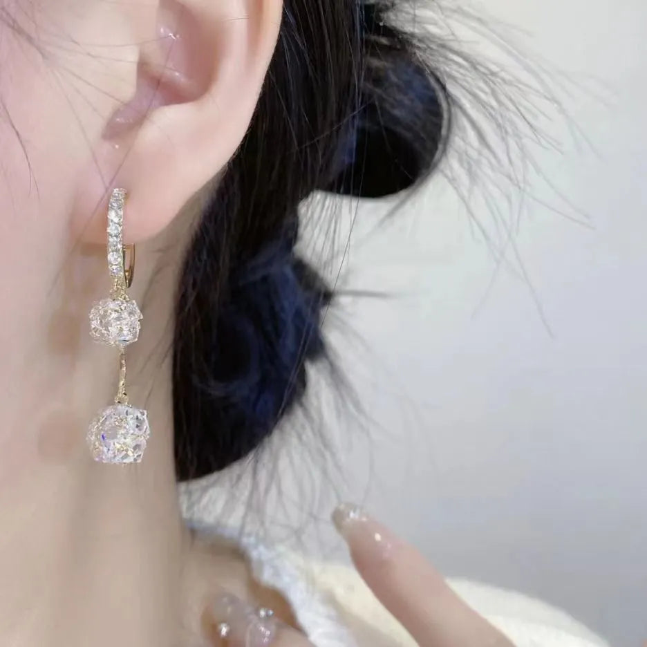 Silver confession balloon double pendant rhinestone ball tassel earrings with ear clip fastening