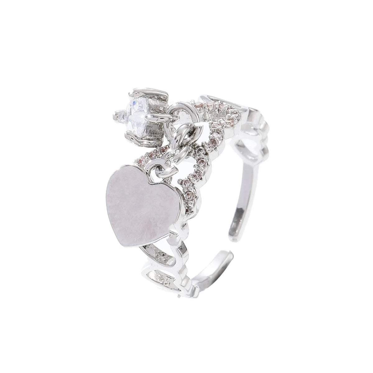 Heart-shaped open ring in white K electroplated copper with love-heart design and adjustable band