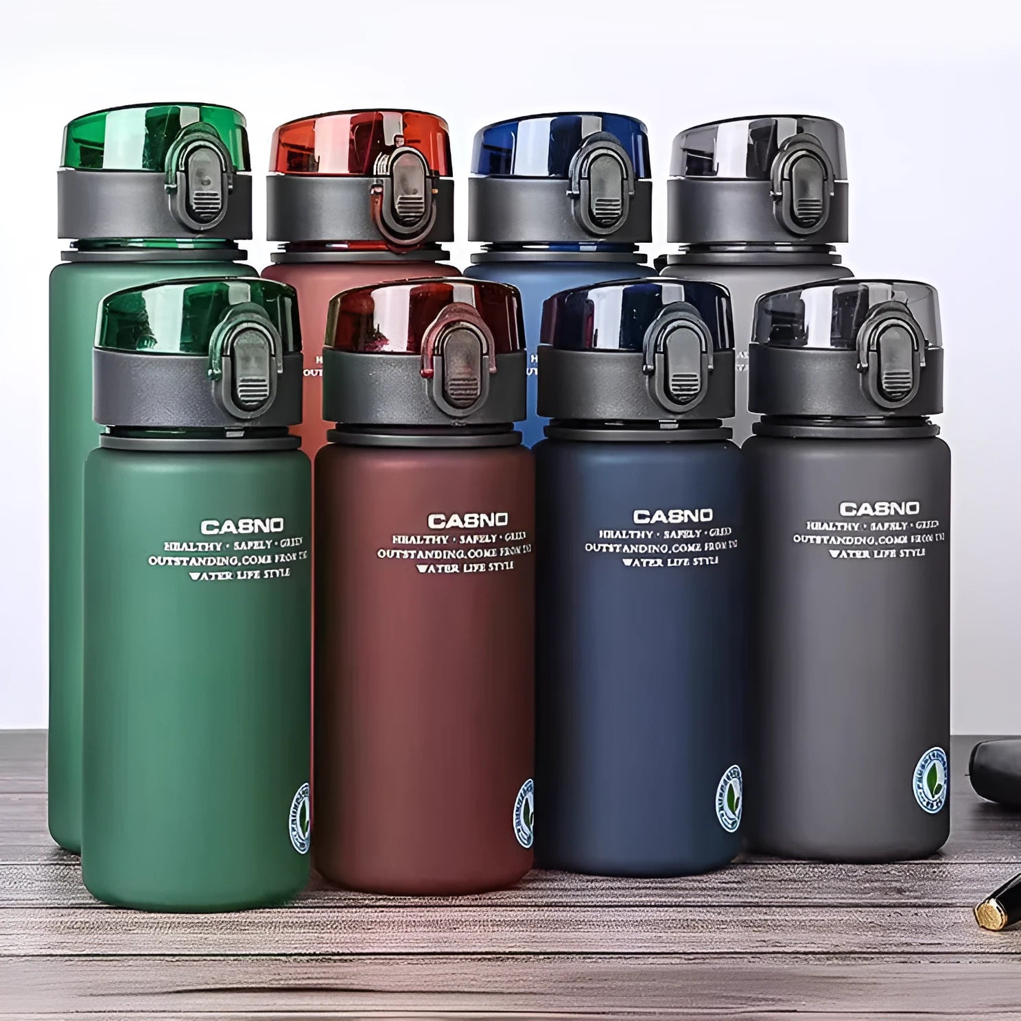 Cassino frosted finish sports cup with lanyard in grey, blue, green, or red.