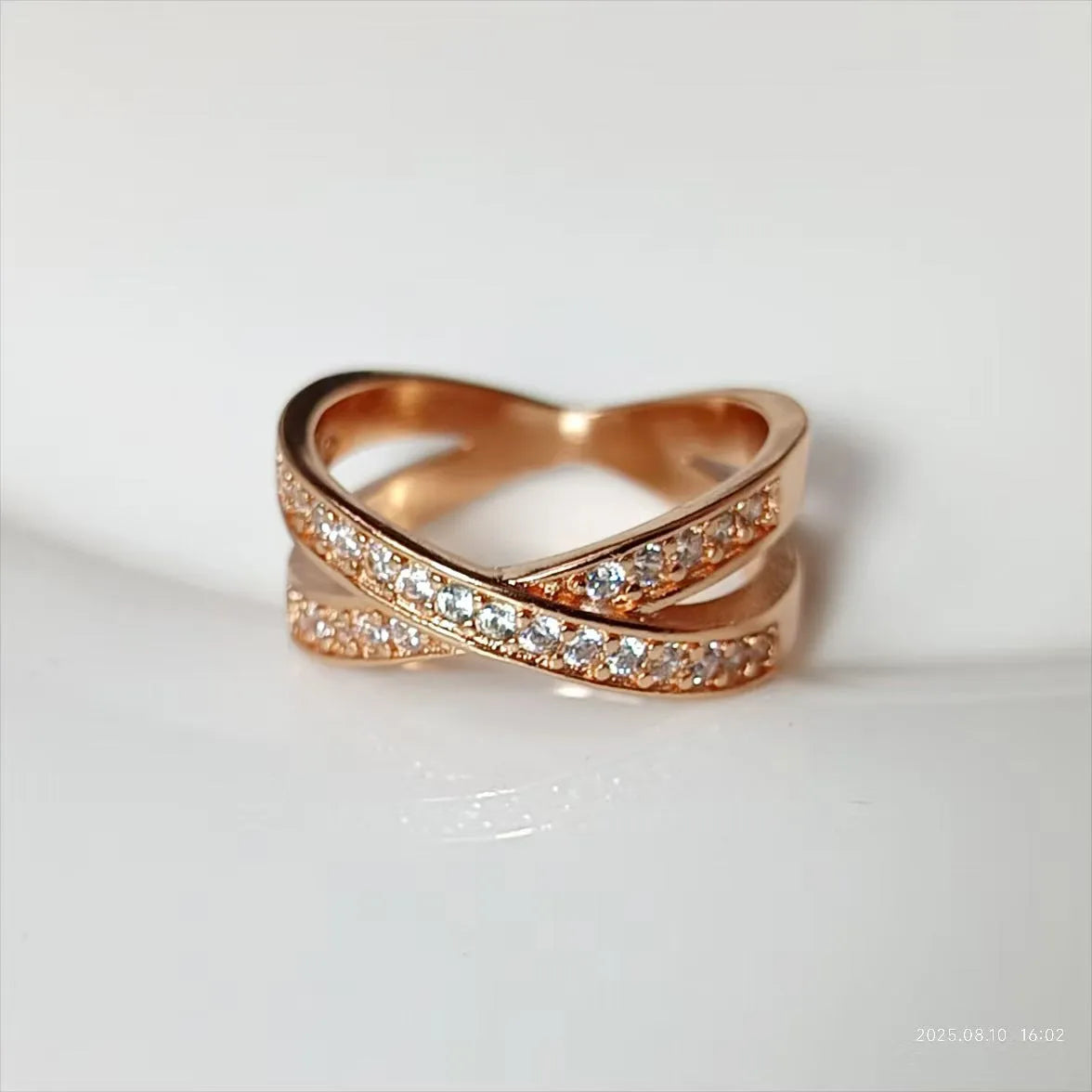 European and American metal cross ring with micro-inlaid zircon detailing in silver or rose gold electroplated finish