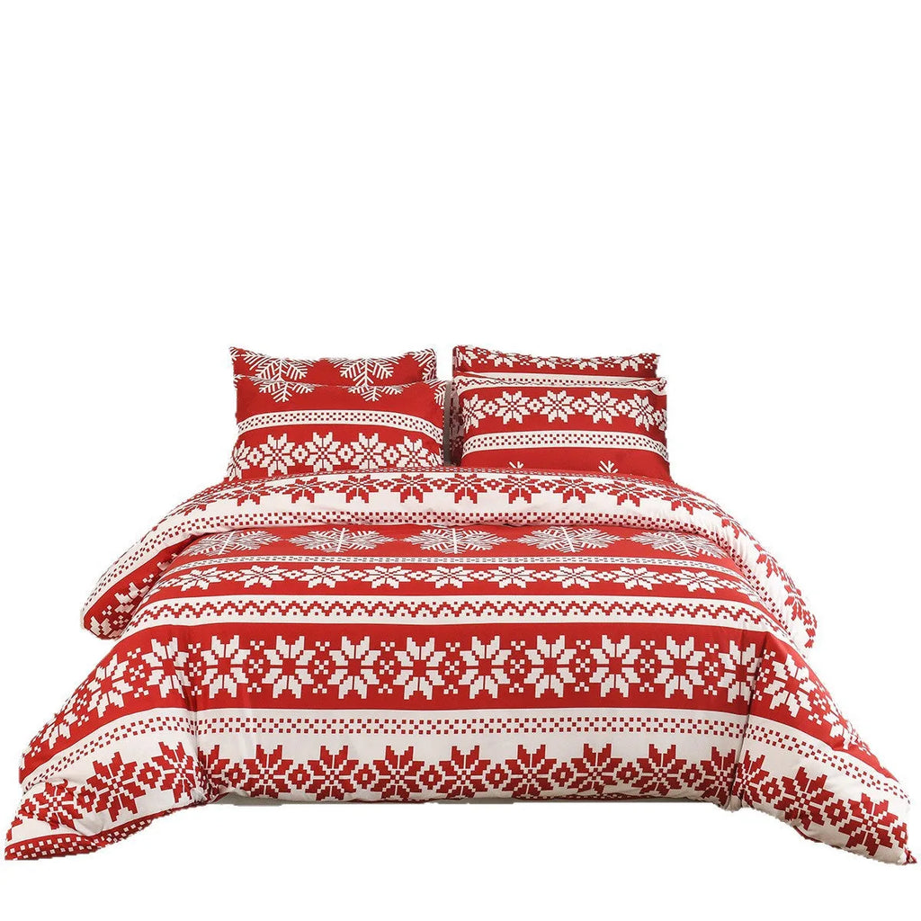 Red chemical fibre bedding set with Christmas Love Song pattern, sanding weave texture, shown on bed