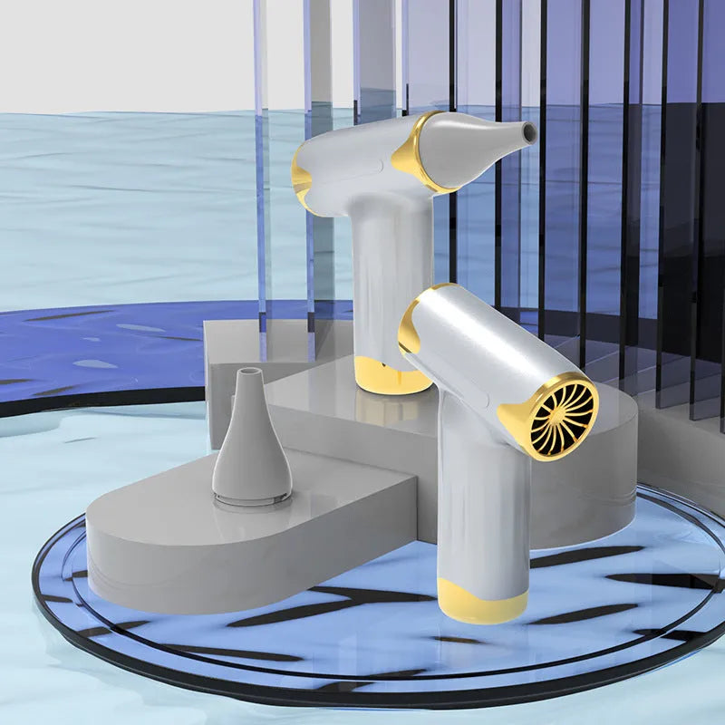 Blue handheld fan showing 8.2cm width with brushless turbofan design and multiple function controls