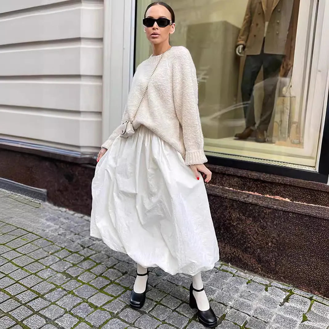 Women's solid colour long cotton skirt in white or black, casual girlish style.