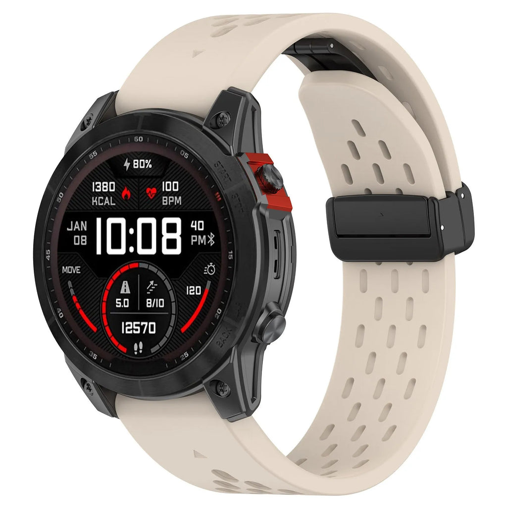 Fenix8 quick-release silicone watch strap in multiple colours showing porous texture and tool-free mechanism