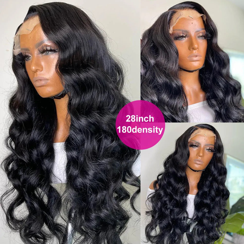 Black synthetic front lace wig with long curly hair and side bangs, showing natural hairline and 180% density