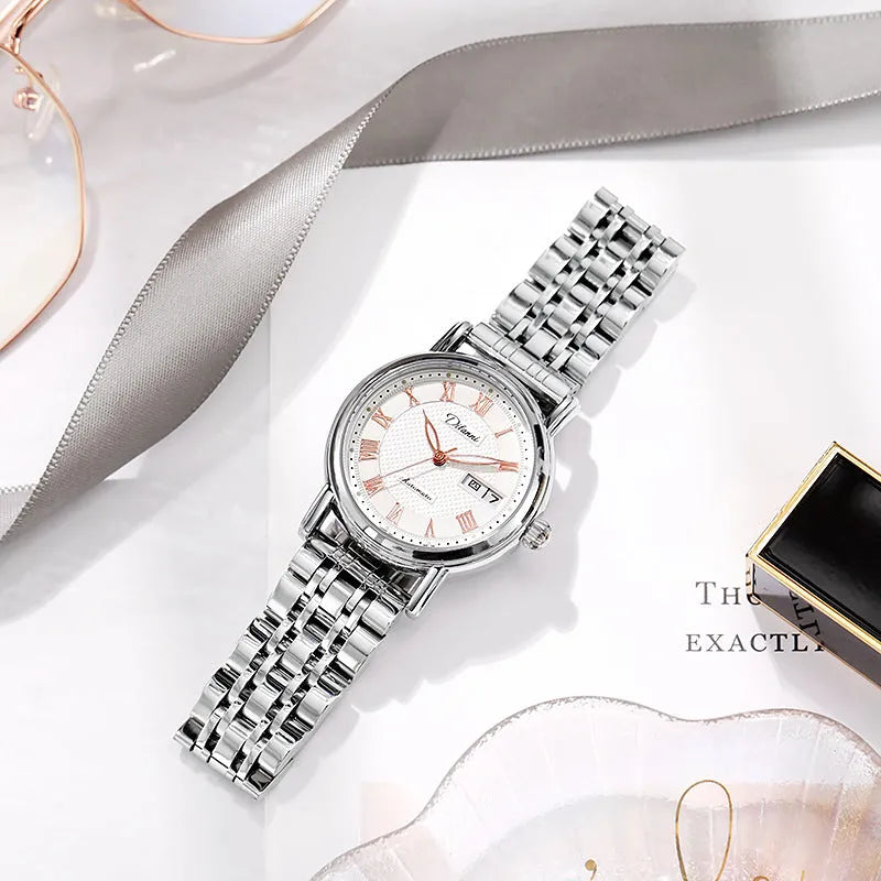 Women's automatic mechanical watch with 12mm thickness showing steel belt and leather strap colour options