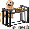Black wooden dog bowl stand measuring 37 by 23 centimetres with elevated feeding platform