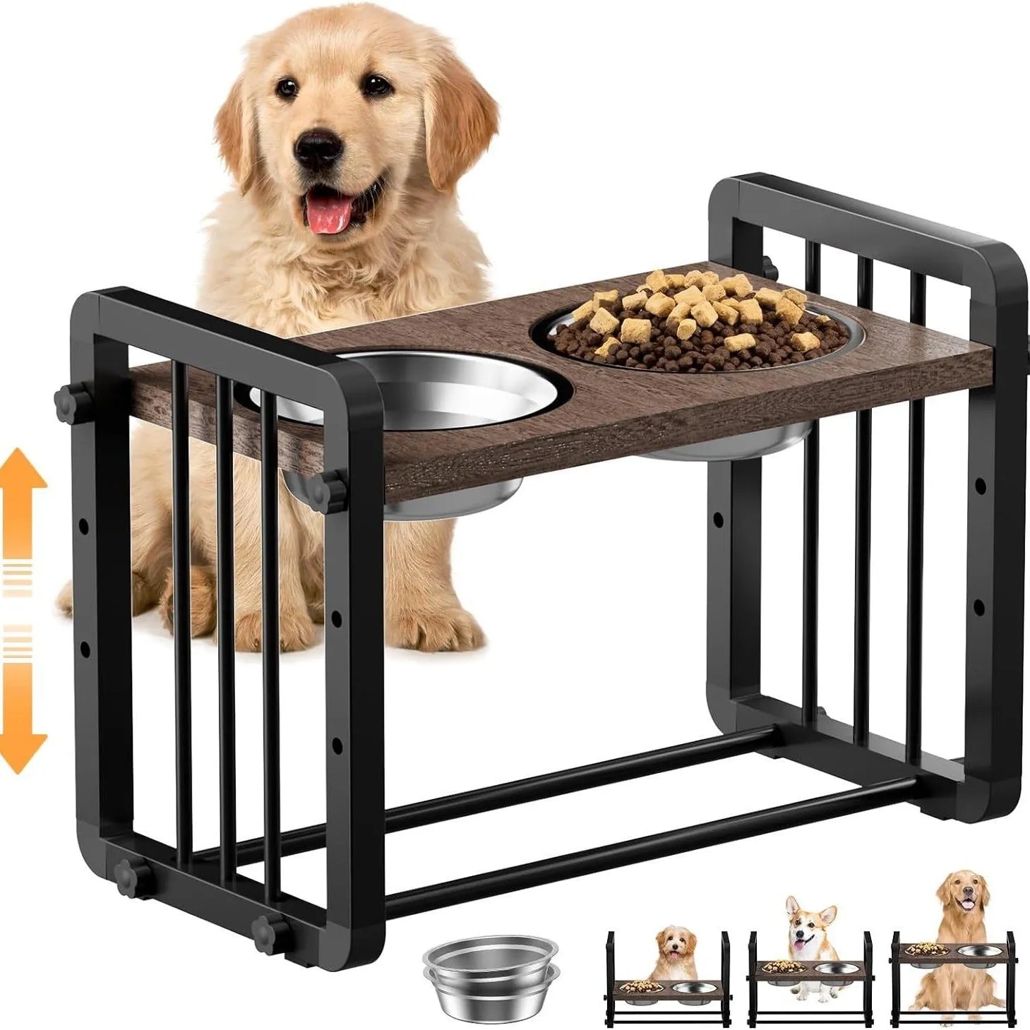 Black wooden dog bowl stand measuring 37 by 23 centimetres with elevated feeding platform
