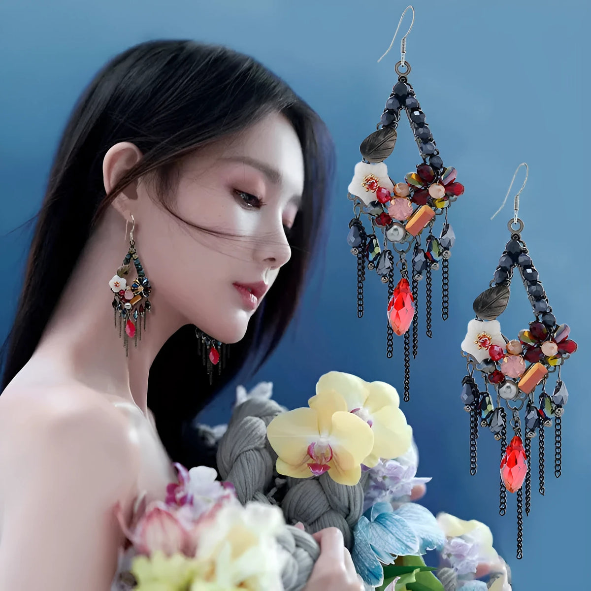 Bohemian style long exaggerated earrings with hand-woven artificial crystal in three colour options