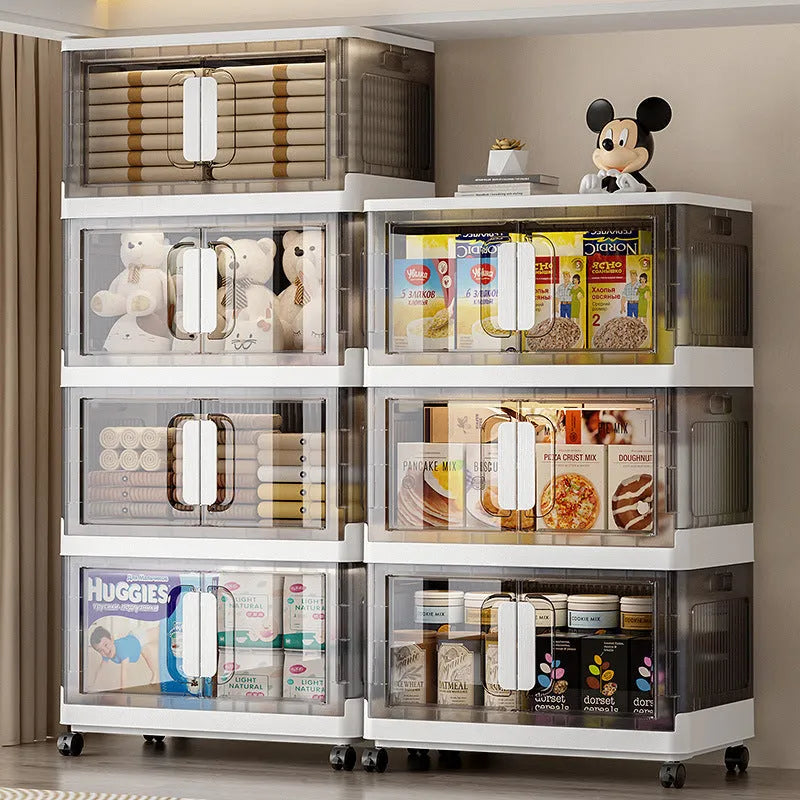 Foldable white storage locker with wheels showing 4 shelves containing shoes and toys
