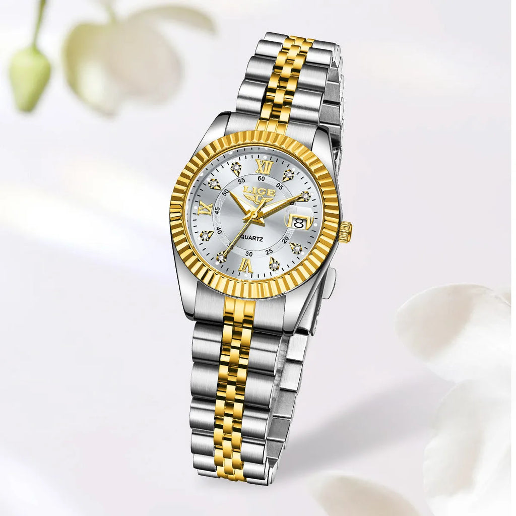 Waterproof women's fashion watch with 10mm thickness in gold black colour, showing slim profile and metallic finish.