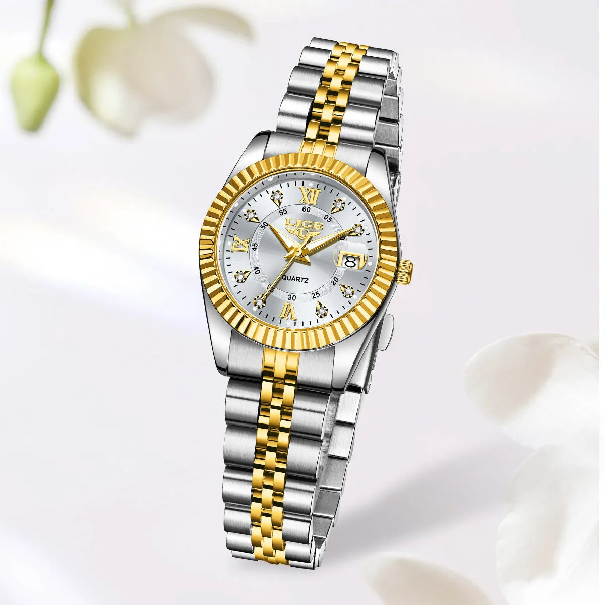 Waterproof women's fashion watch with 10mm thickness in gold black colour, showing slim profile and metallic finish.