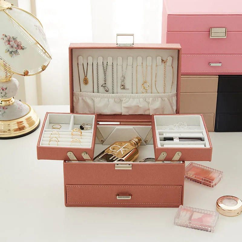 PU leather jewellery storage box measuring 22.5cm wide with hard structure and solid colour finish