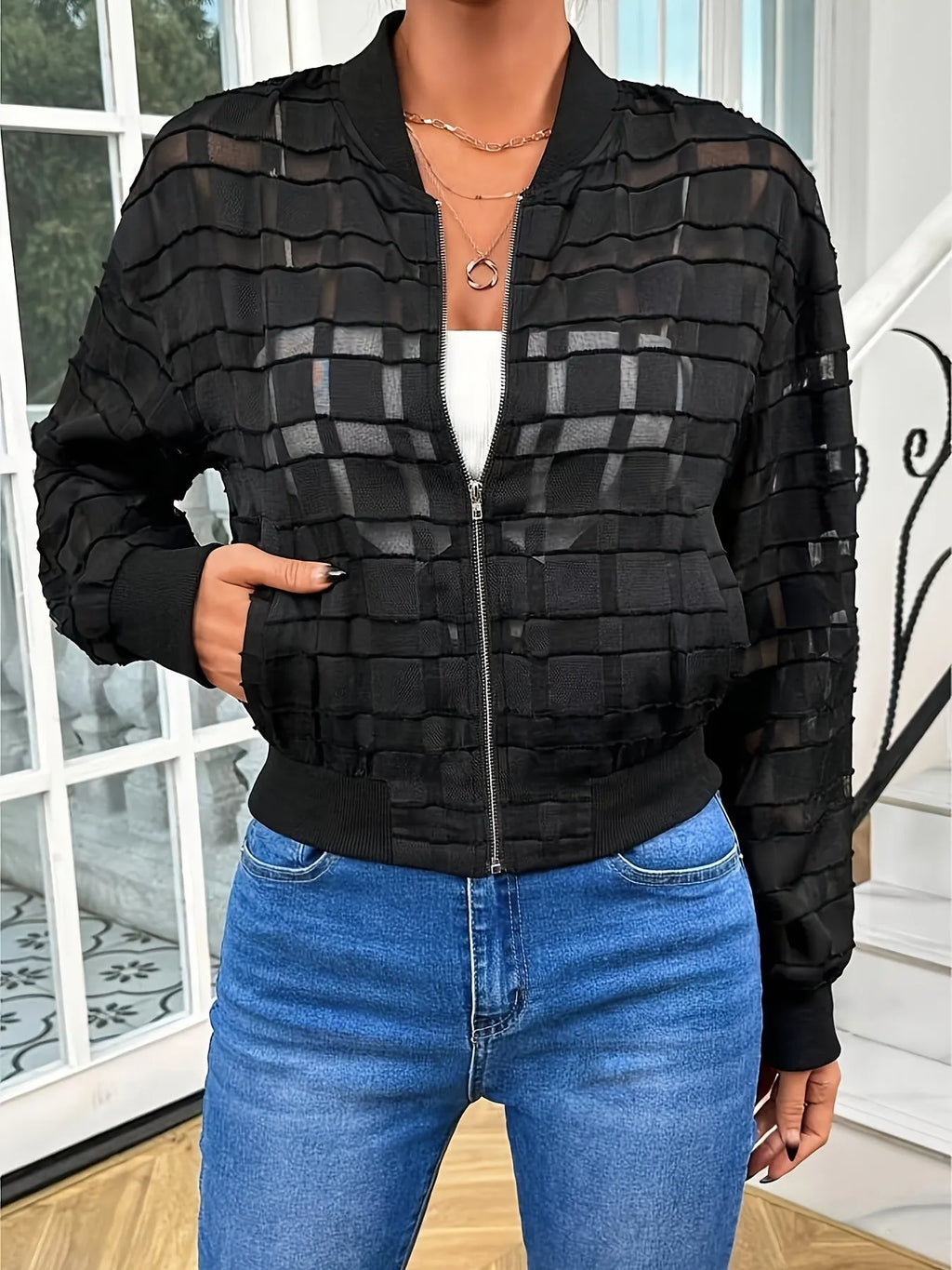 Black women's semi-transparent jacket with geometric pattern, zipper, and long sleeves for casual wear