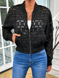 Black women's semi-transparent jacket with geometric pattern, zipper, and long sleeves for casual wear