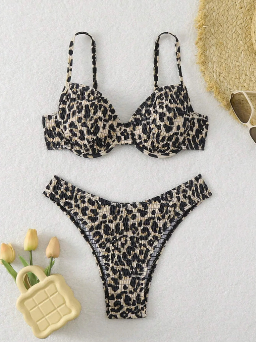 Leopard point bikini swimsuit with backless design in brown mixed colour, showing front and rear views