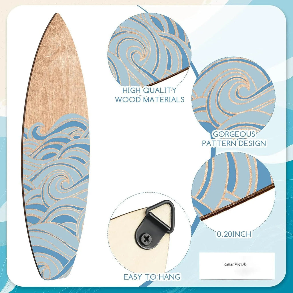 Three wooden surfboard wall decorations made from boxwood, each measuring 8.5cm wide by 30cm long