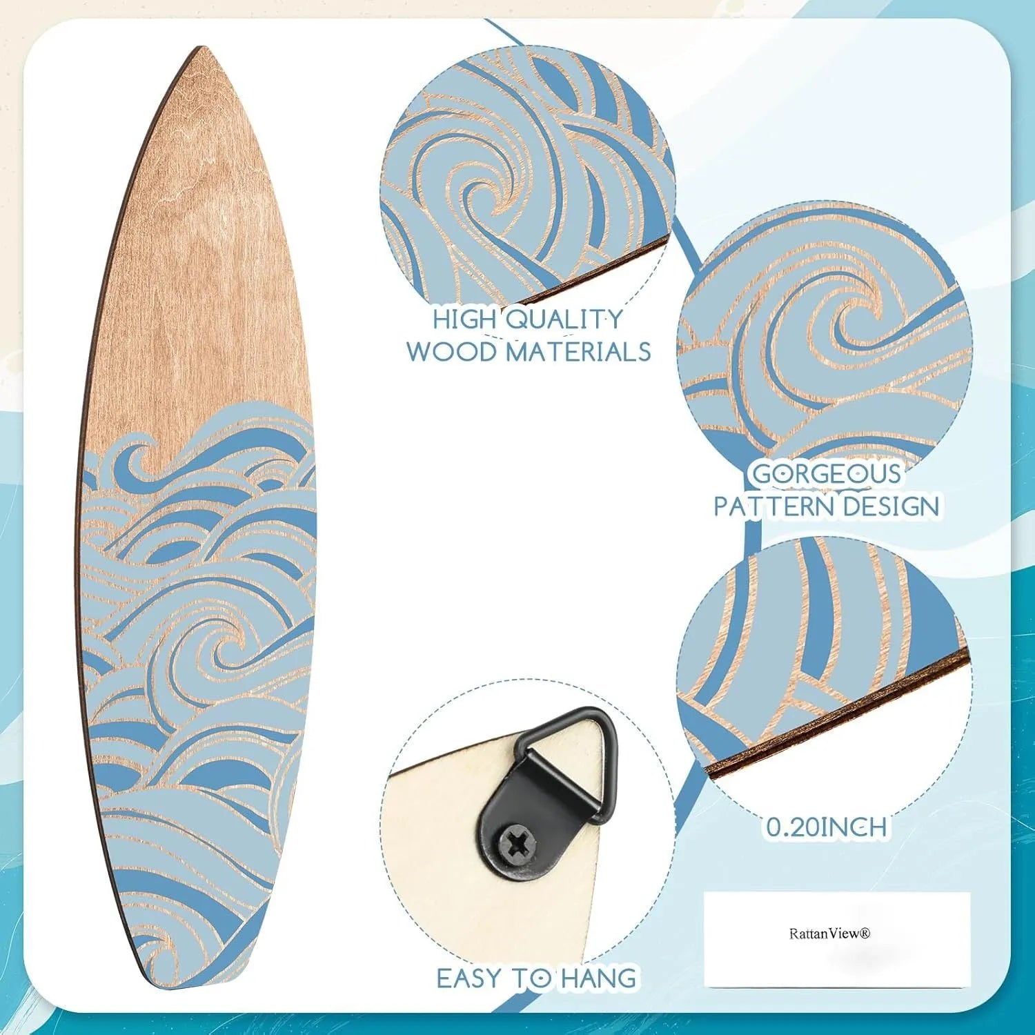 Three wooden surfboard wall decorations made from boxwood, each measuring 8.5cm wide by 30cm long