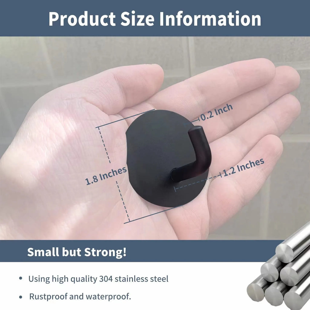 Black and polished stainless steel self-adhesive hooks for bathroom and kitchen organisation with 3kg load capacity