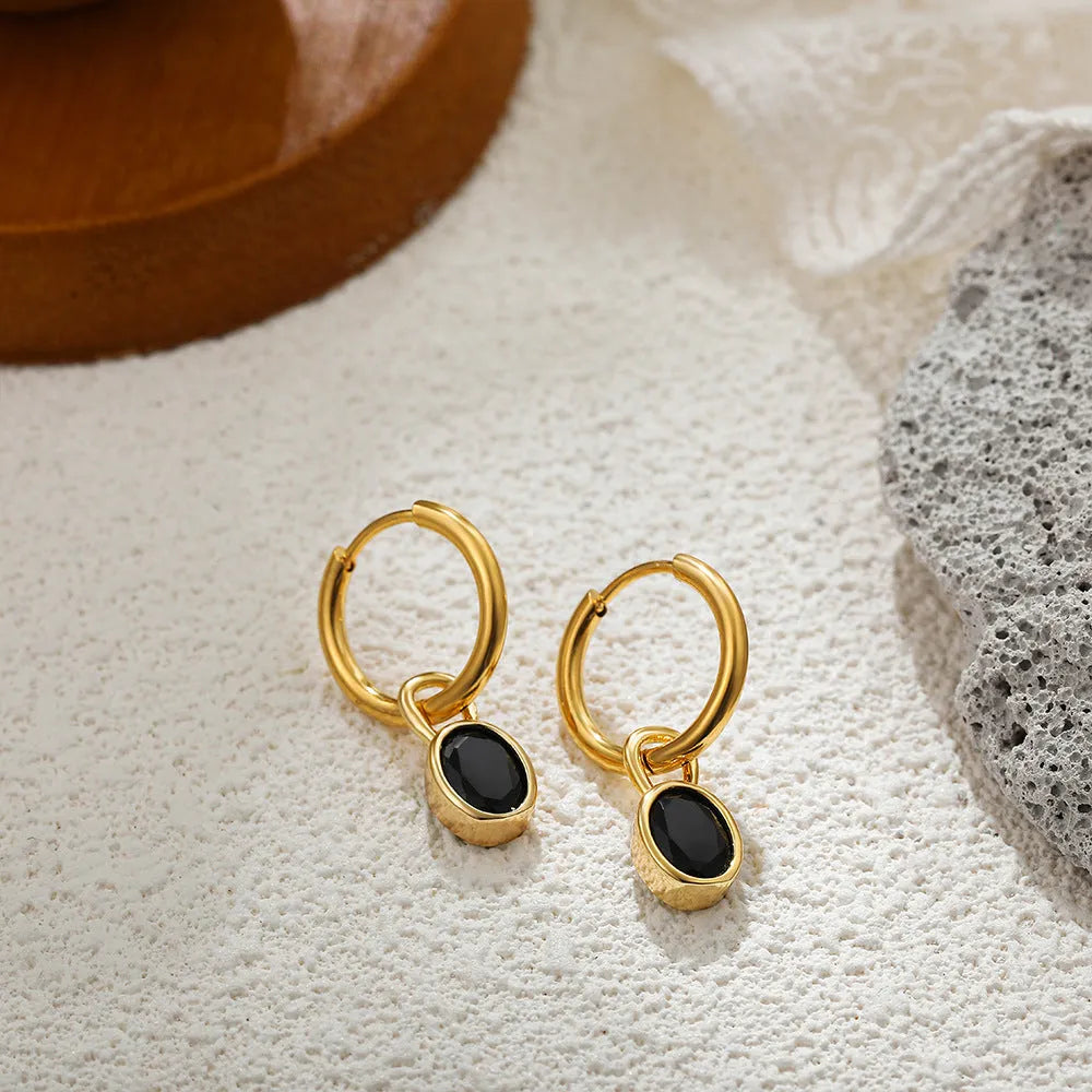 Women's retro oval zircon earrings in six colours including emerald and army green, copper construction
