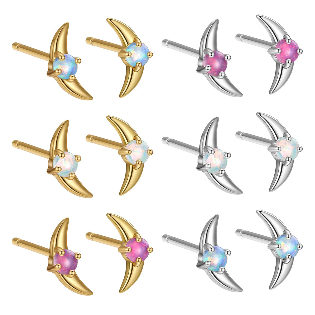 Women's geometric earrings in 925 silver with electroplated finish, showing colour options with blue, purple, and white stones.