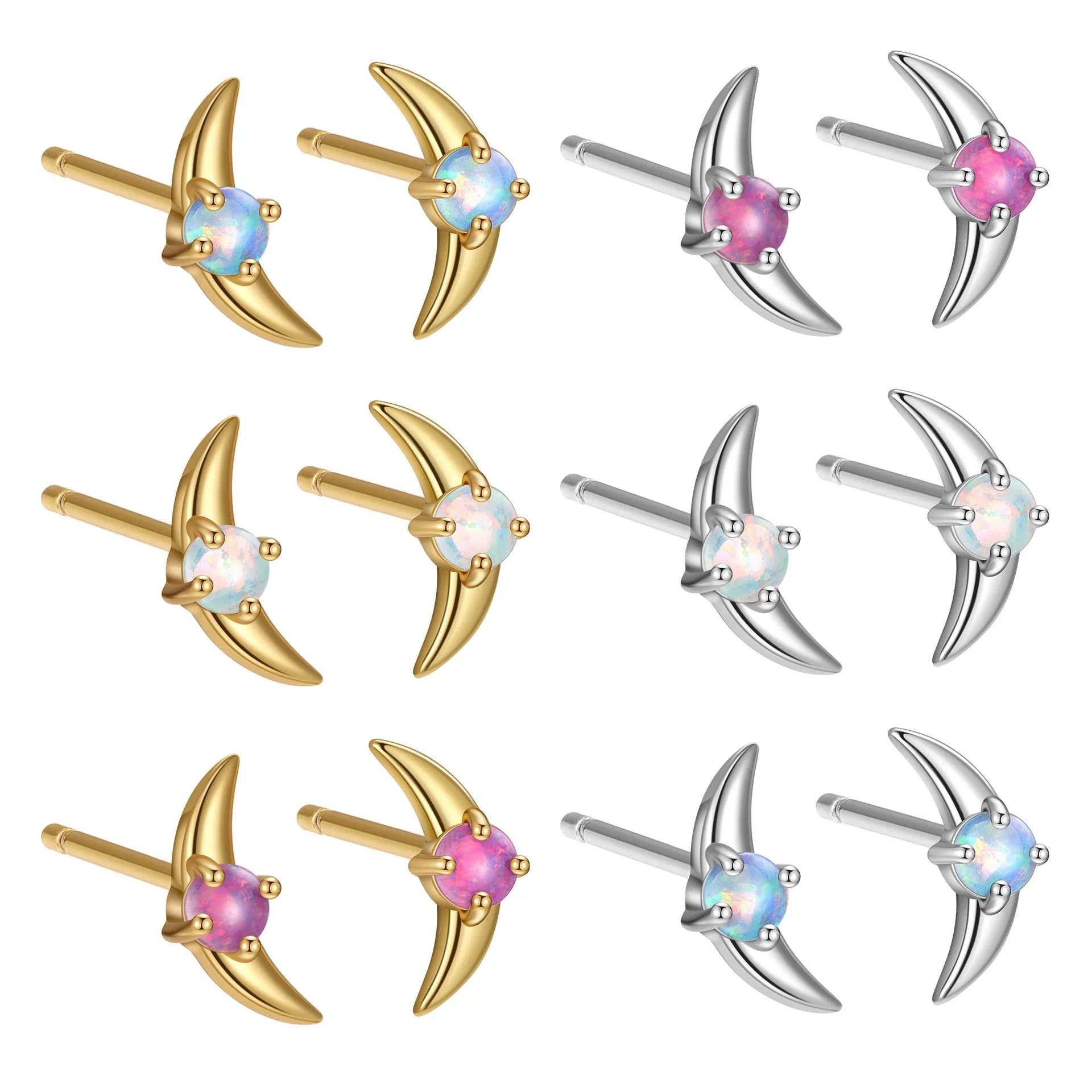 Women's geometric earrings in 925 silver with electroplated finish, showing colour options with blue, purple, and white stones.