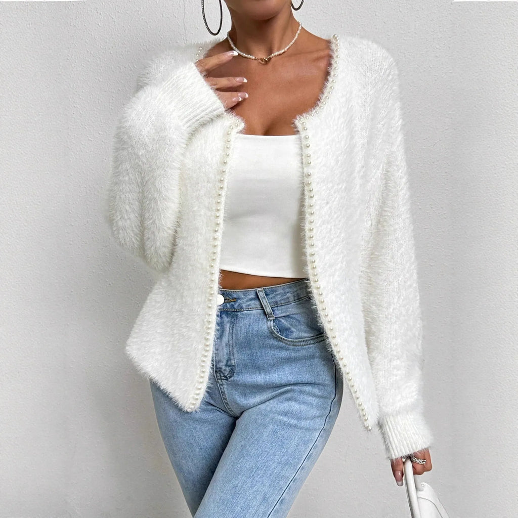 White women's V-neck cardigan with bead knit detailing, 50cm length, medium thickness polyester fabric