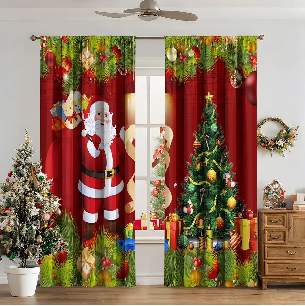 3D digital printed Christmas curtain in a European style, showing modern simplicity design and polyester fabric