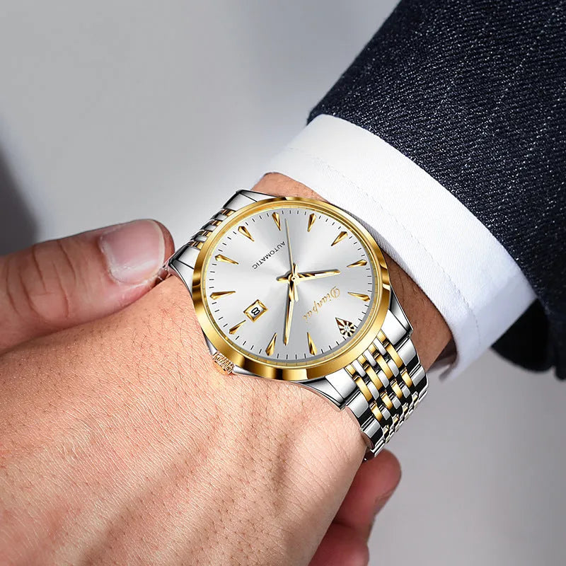 Men's automatic mechanical watch with stainless steel case and strap, simple dial, available in white, black, blue colours