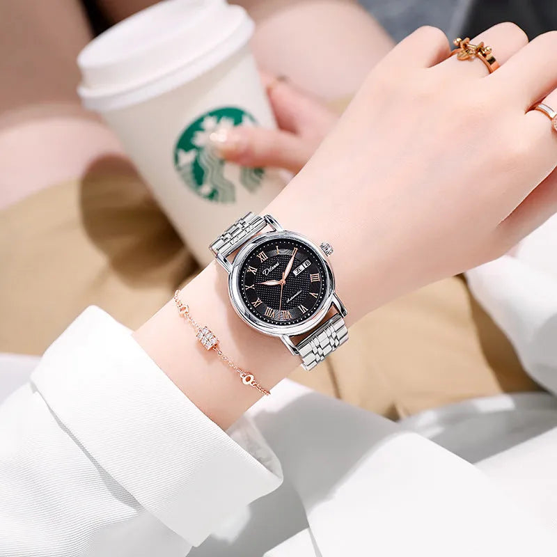 Women's automatic mechanical watch with 12mm thickness showing steel belt and leather strap colour options