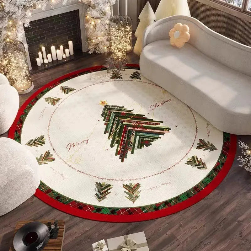Round Christmas carpet with festive pattern and non-slip backing on wooden floor