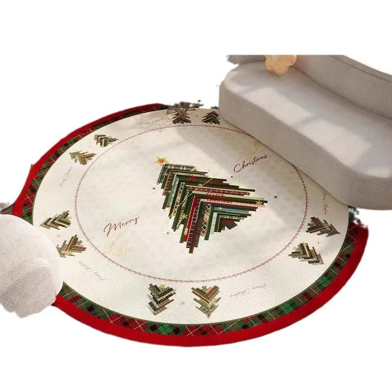 Round Christmas carpet with festive pattern and non-slip backing on wooden floor