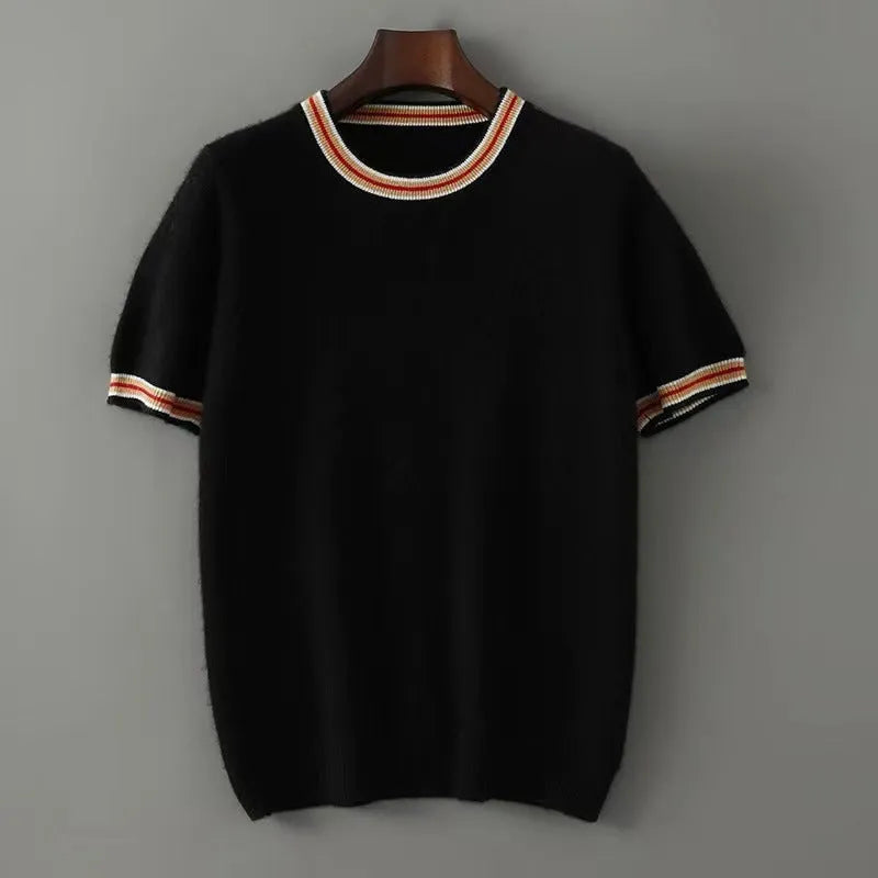 Men's round neck pure wool short sleeve sweater in white, grey, or black, showing pullover style and regular sleeves