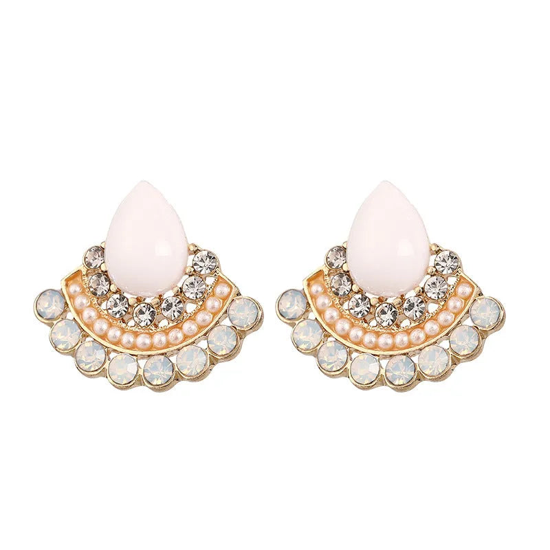 Women's silver geometric fan-shaped earrings with rhinestone and opal detailing on alloy base