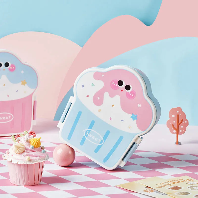 Creative ice cream shaped lunch box with spoon and fork, 501-800ml capacity, microwave safe plastic