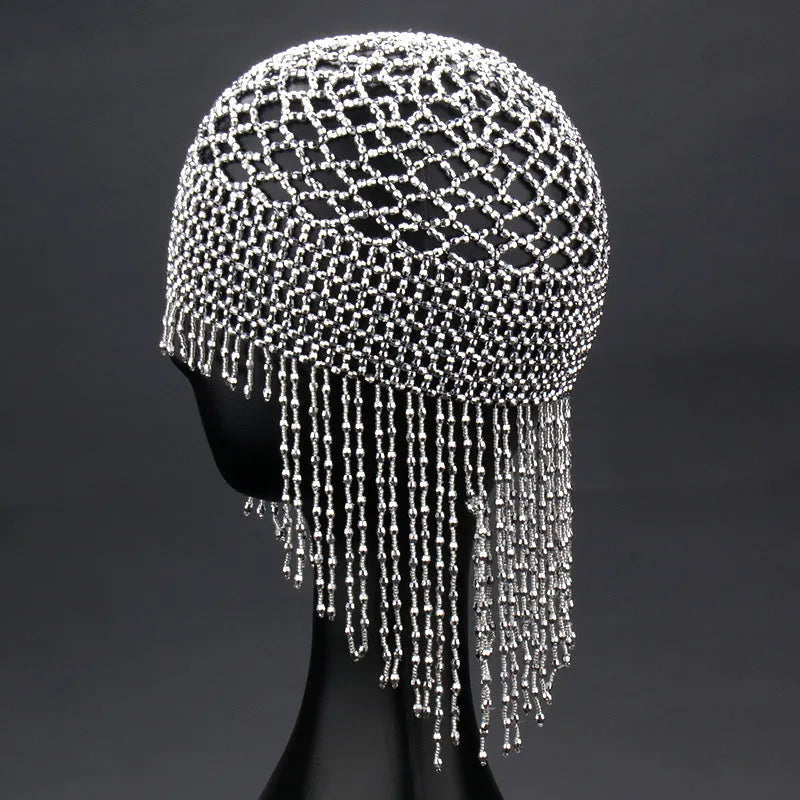 Handmade beaded belly dance hat with alloy tassel, 23cm width silver mesh decorative headwear
