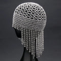 Handmade beaded belly dance hat with alloy tassel, 23cm width silver mesh decorative headwear