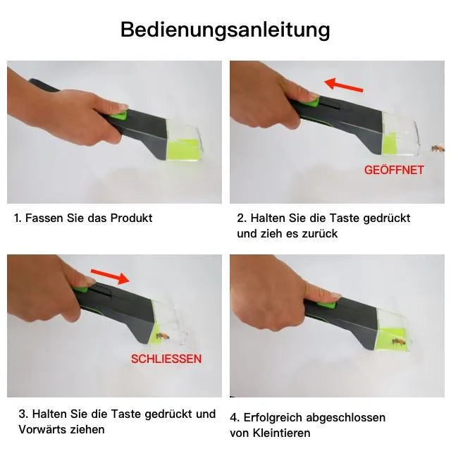 Green plastic handheld insect catcher measuring 30cm length for garden pest control