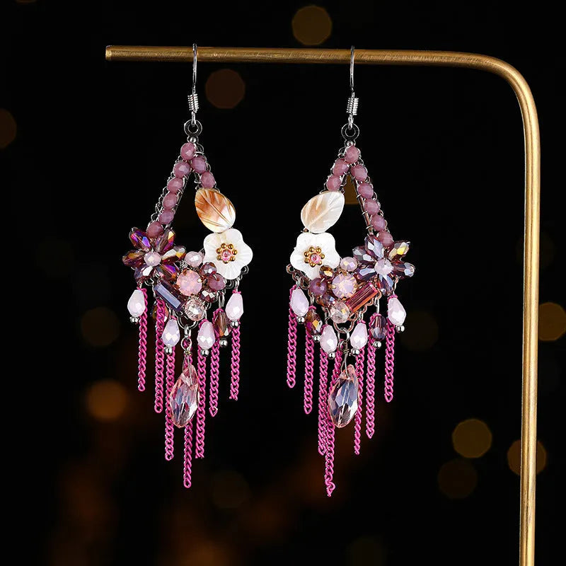 Bohemian style long exaggerated earrings with hand-woven artificial crystal in three colour options