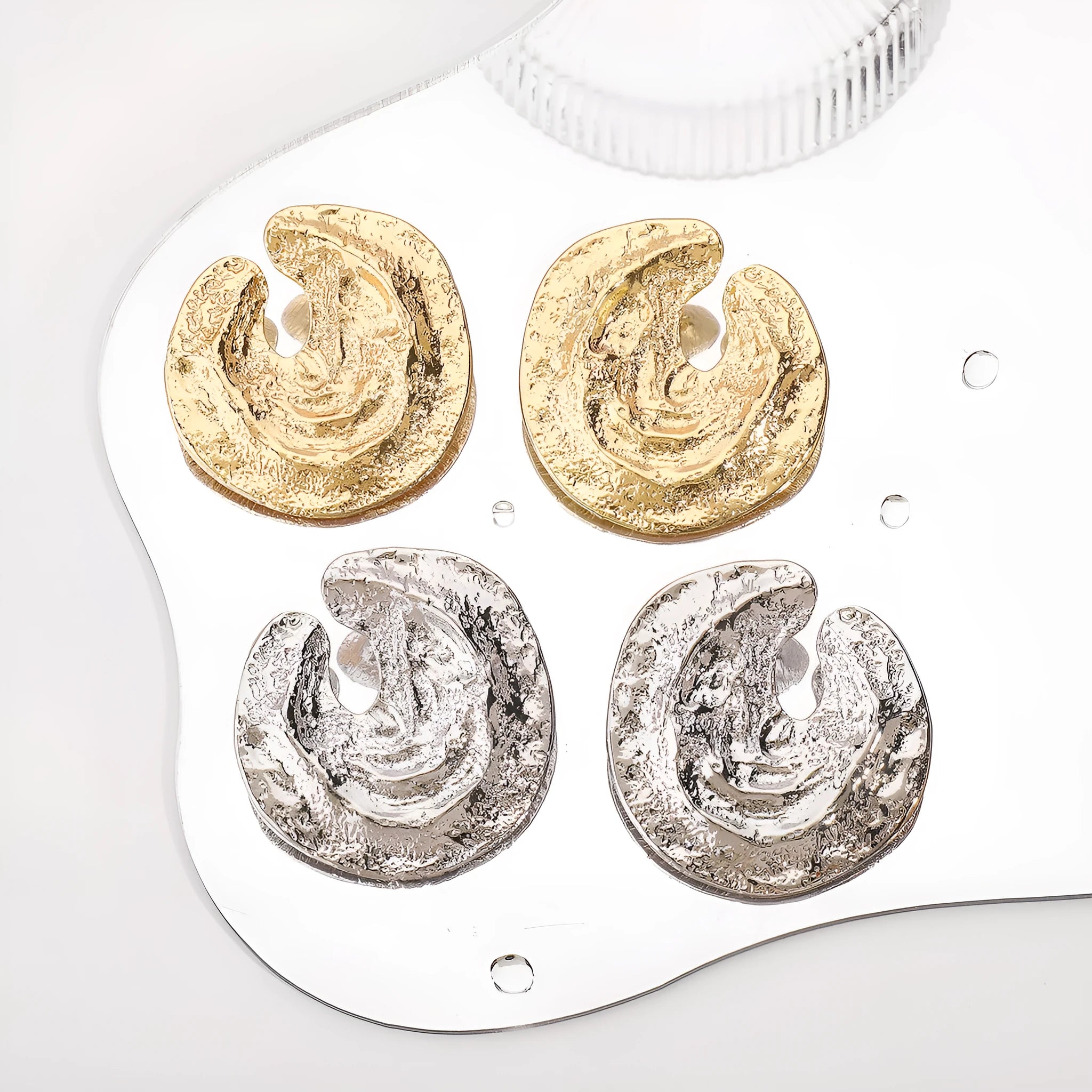 Exaggerated irregular geometric women's earrings with concave-convex texture in gold or white K finishes