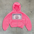 Men's and women's loose-fit zip-up hoodie jacket with letter pattern and zipper pocket in black, grey, or pink