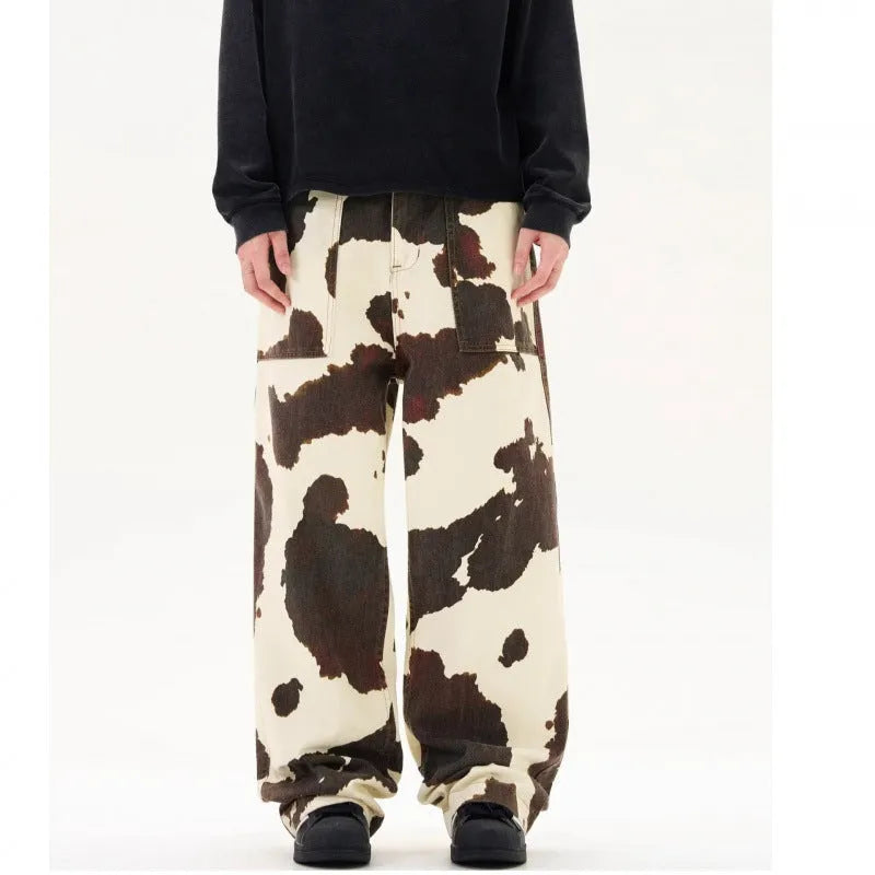 Men's straight-leg trousers with cow pattern design in American retro styling