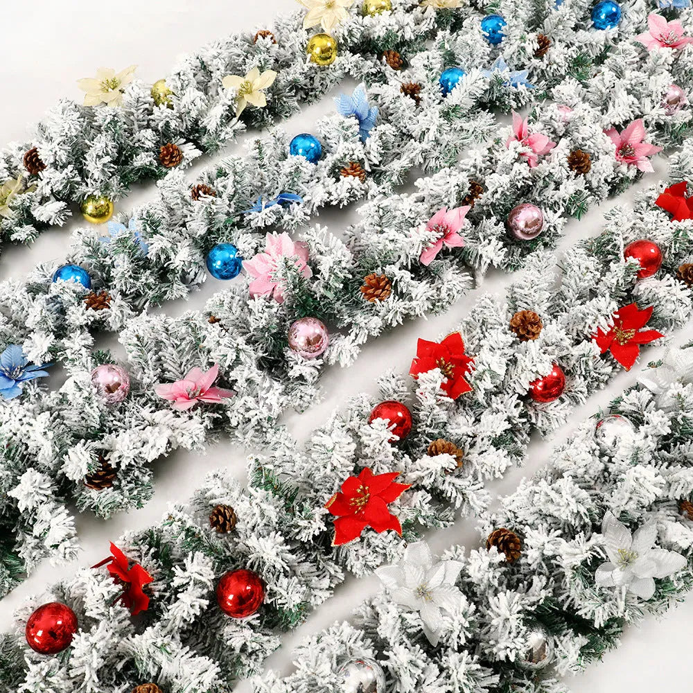 Christmas rattan garland with flocking decoration in golden colour, 240cm length, PVC material construction for festive display