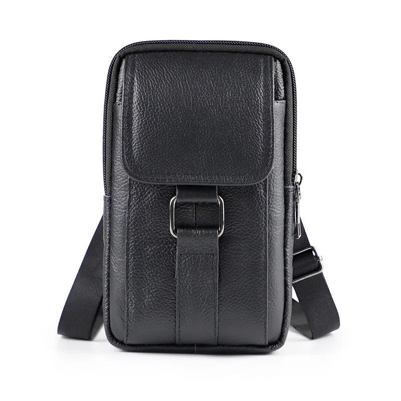 Men's black composite cowhide leather waist bag with lock feature and vertical square shape