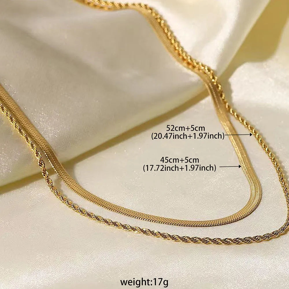 Women's double-layer twist necklace with geometric pendant on adjustable snake bone chain