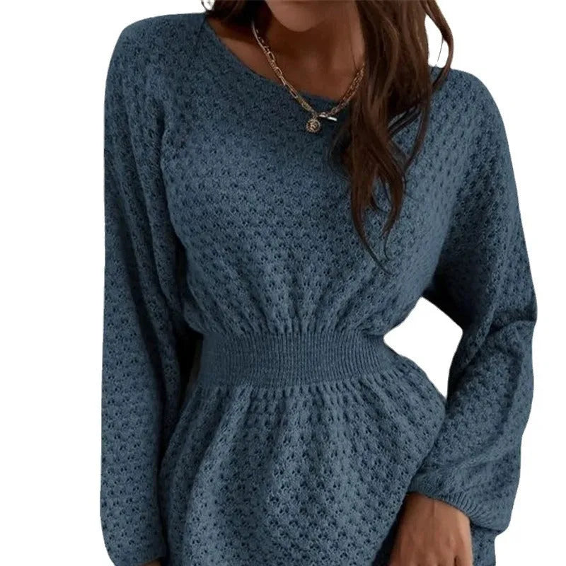 Blue women's knitted dress with hand-crocheted flower details, fitted waist, and 65cm length