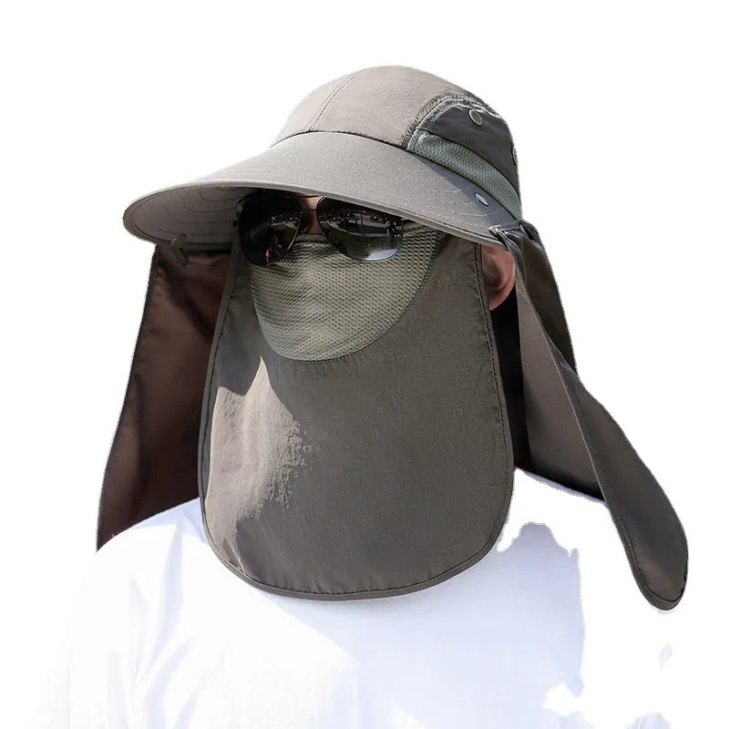 Men's khaki sun protection hat with USB fan and attached neck covering shawl for outdoor use