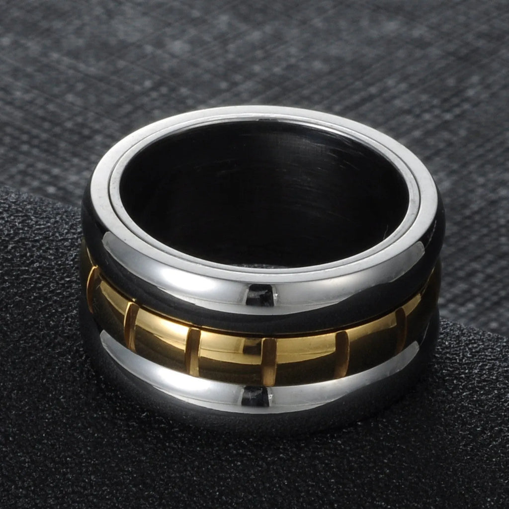 Gold titanium steel ring with rotating ultra-wide knuckle section shown in multiple size options