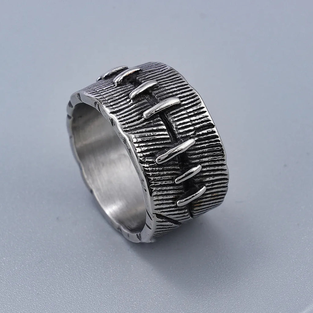 Geometric dark punk stitched titanium steel ring with U-shaped double design in retro colour